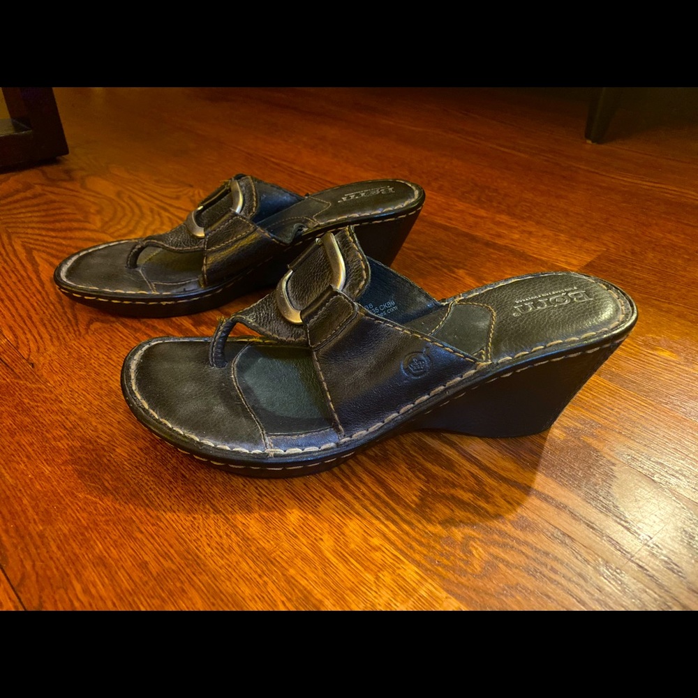 Born, Black sandals, with contrasting stitching, wedge heel, barely warn, size 7